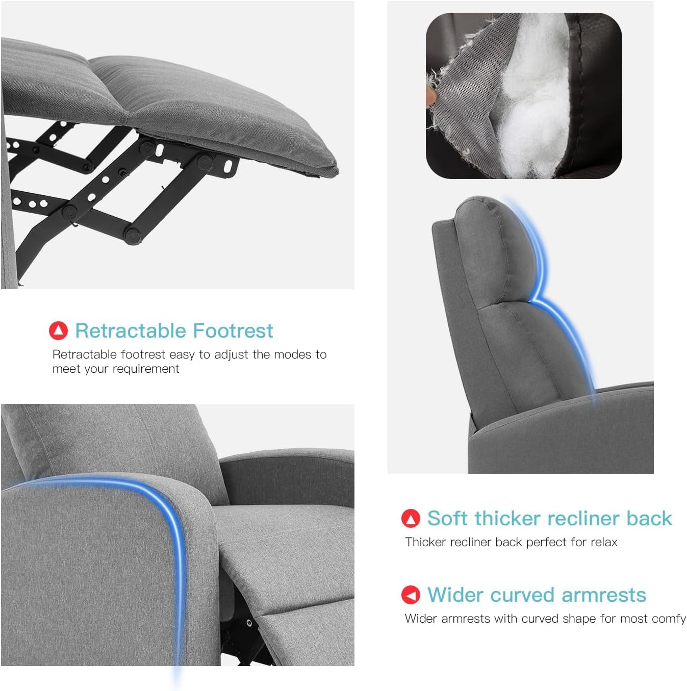 Recliner Chair Single Reclining Sofa Home Theater Seating with Lumbar Support and Padded Backrest for Living Room and Bedroom (Fabric, Grey)-4