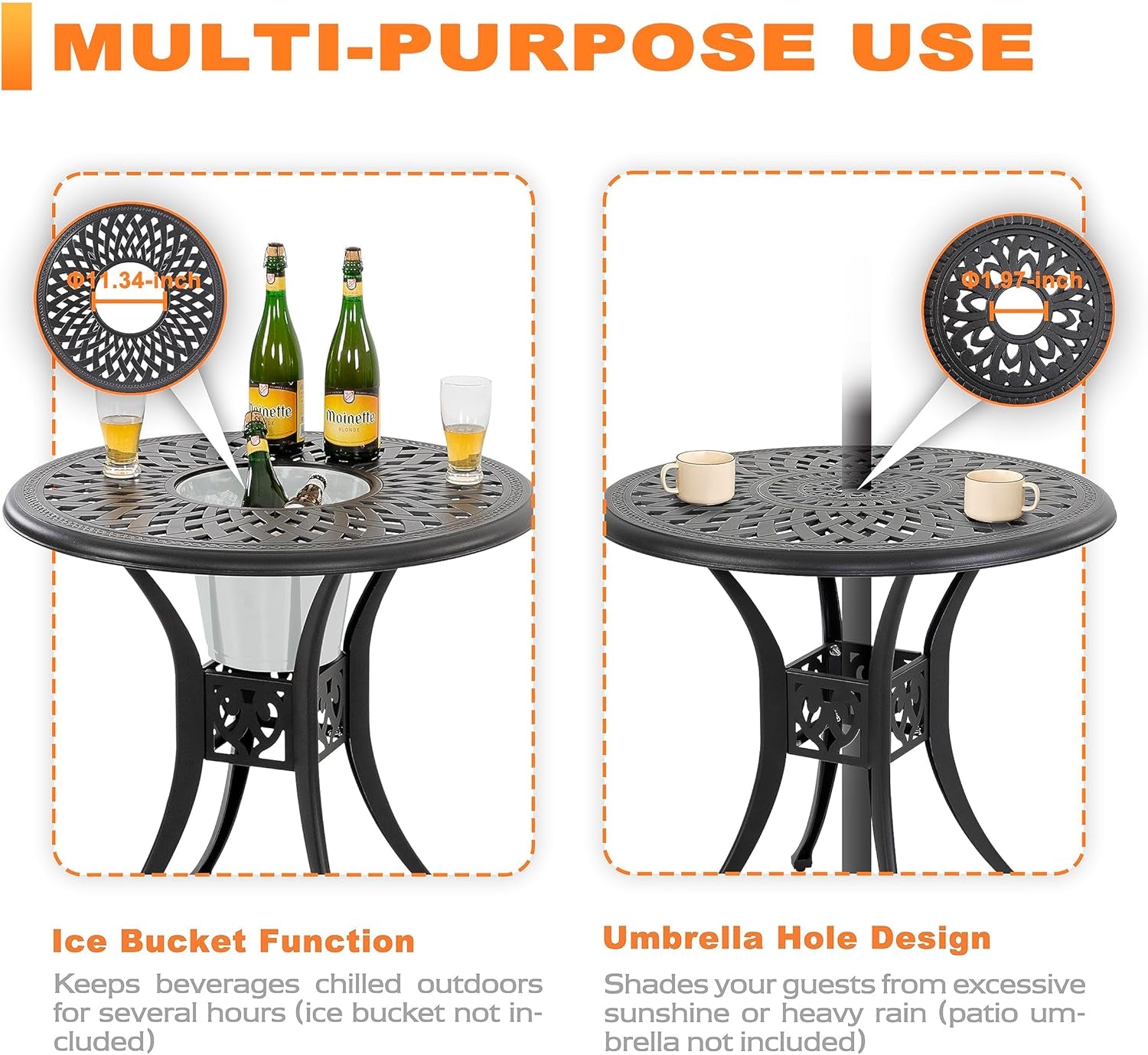 Bistro Set 3 Piece Outdoor All Weather Cast Aluminum Patio Bistro Set Patio Table and Chairs Set of 2 with Umbrella Hole for Backyard, Balcony, Lawn, Black-3