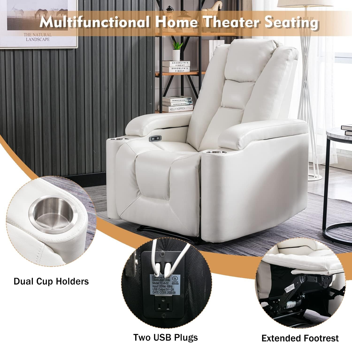 White Power Recliner Chair Electric Home Theater Seating Soft Leather Movie Chair for Living Room Overstuffed Single Reclining Sofa with Hidden Arm Storage, Cup Holders and USB Ports (Cream White)-3