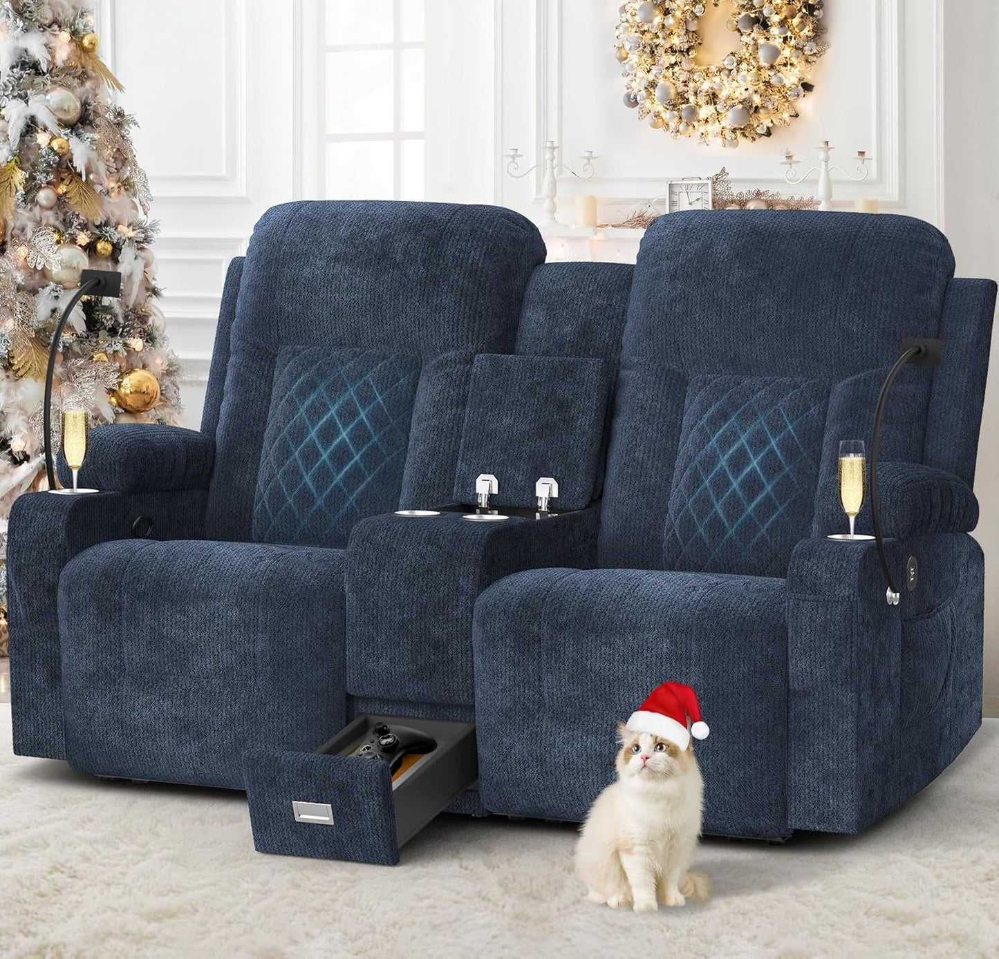 Fabric Loveseat Recliner, Reclining Loveseat Sofa with Storage Console, Recliner Chair with USB Ports, 2 Cell Phone Holders, Cup Holder, Loveseat Couch for Living Room (Navy Blue)-0