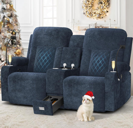 Fabric Loveseat Recliner, Reclining Loveseat Sofa with Storage Console, Recliner Chair with USB Ports, 2 Cell Phone Holders, Cup Holder, Loveseat Couch for Living Room (Navy Blue)-0