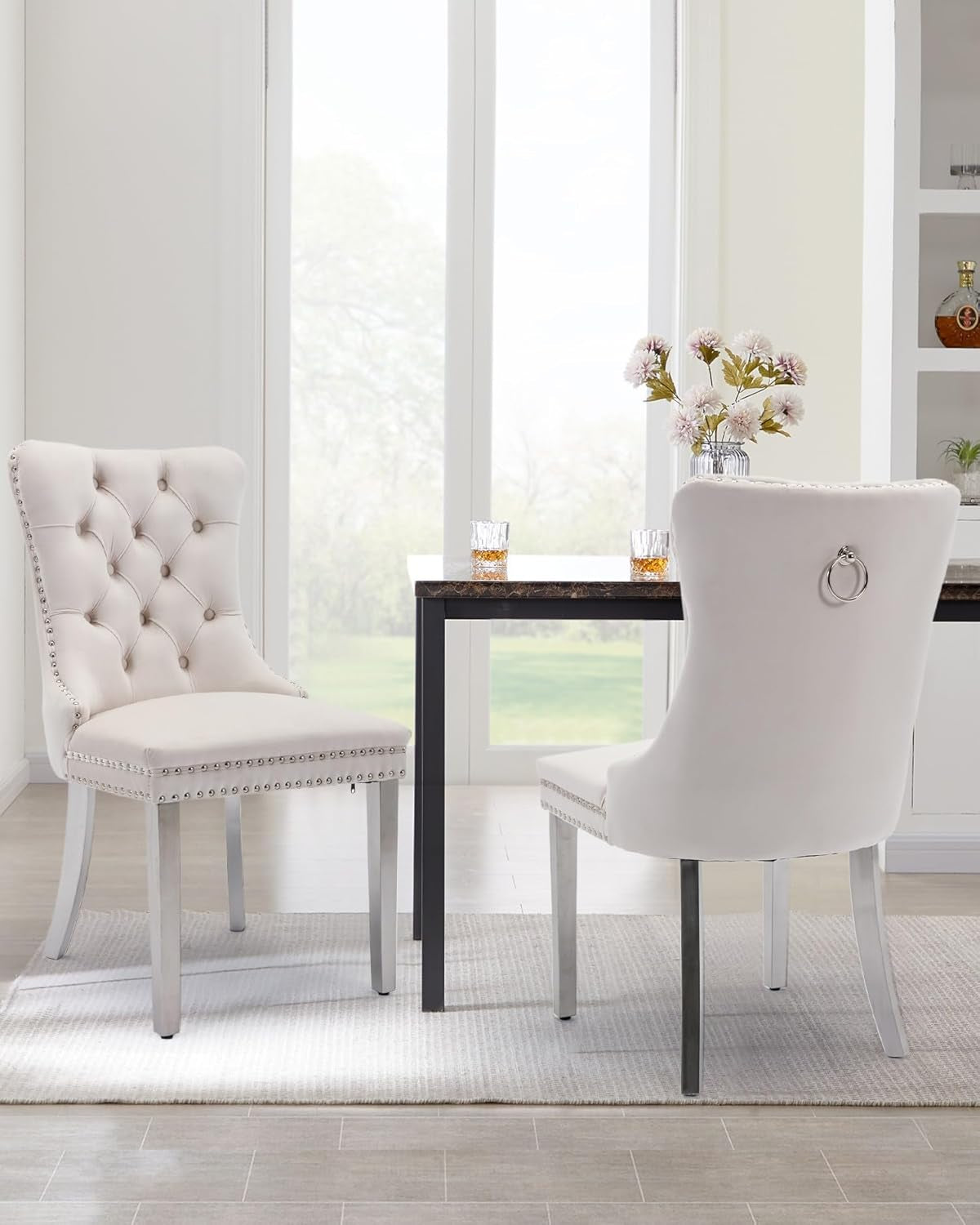 Velvet Dining Chair Set of 2 Upholstered Tufted Dining Room Chair with Nailhead Trim and Stainless Steel Silver Plated Legs for Kitchen, Restaurant, Beige-0