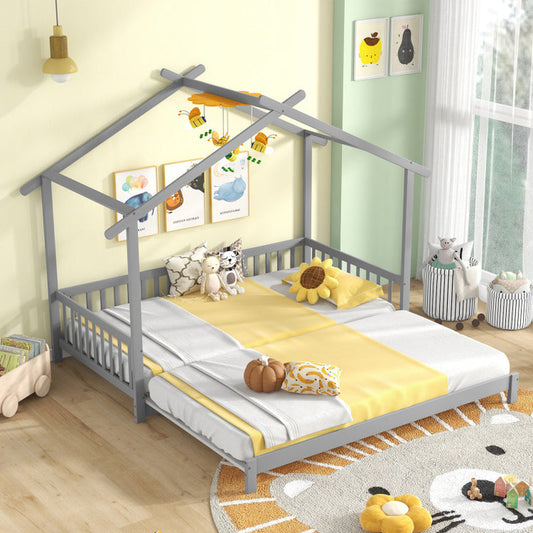 Extendable House Bed Twin to King Daybed with Roof and Fence Rails-1