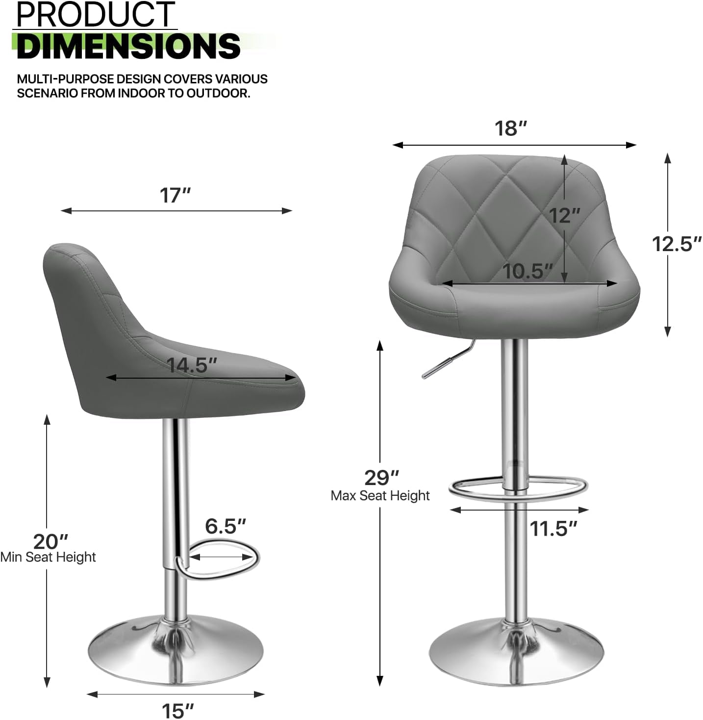 Bar Stools Set of 2 for Kitchen Counter, Height Adjustable Swivel PU Leather Barstools, Modern Bar Chair with Back and Footrest,Gray-2