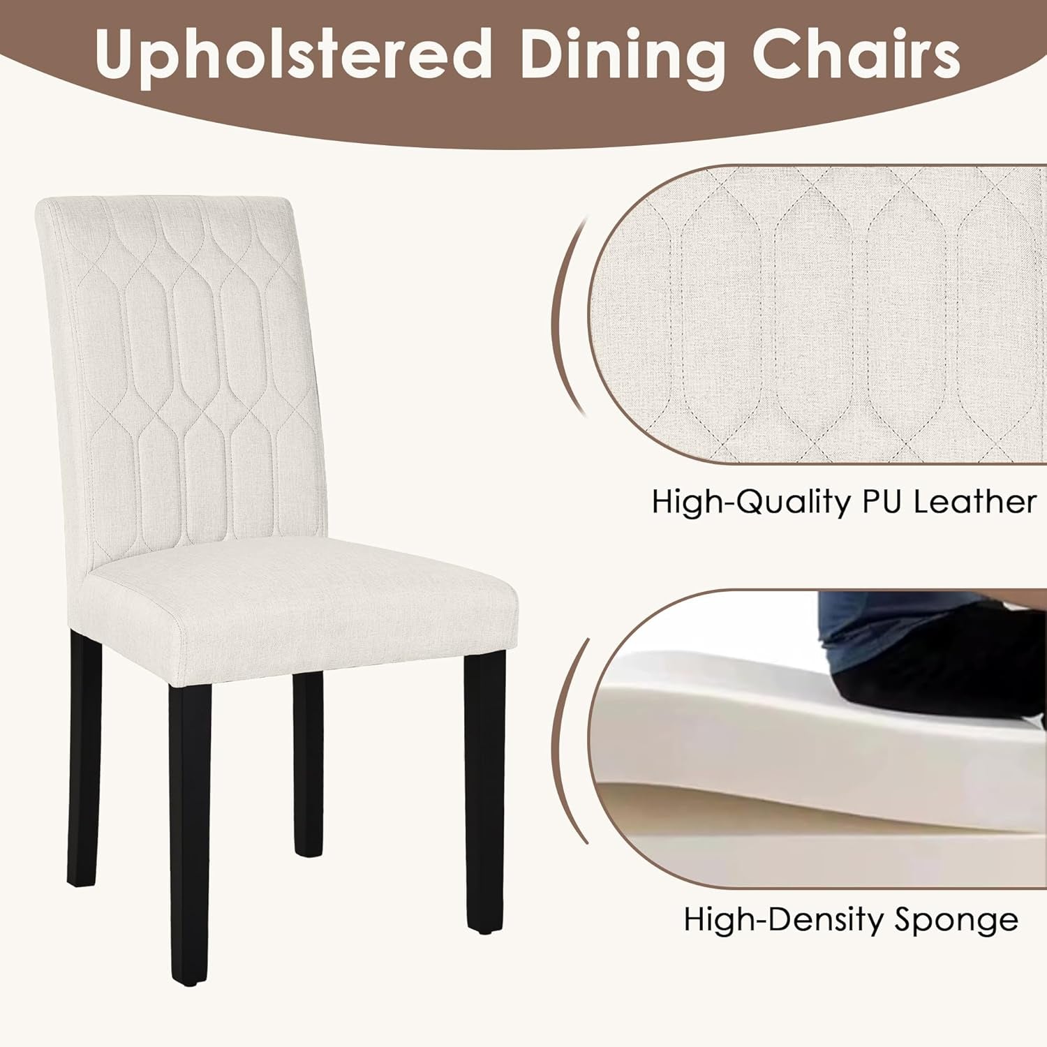 Upholstered Dining Chairs Set of 6, Modern PU Leather Accent Parsons, Solid Wood Legs W/Rubber Footpads, for Living Room Kitchen, Beige-4