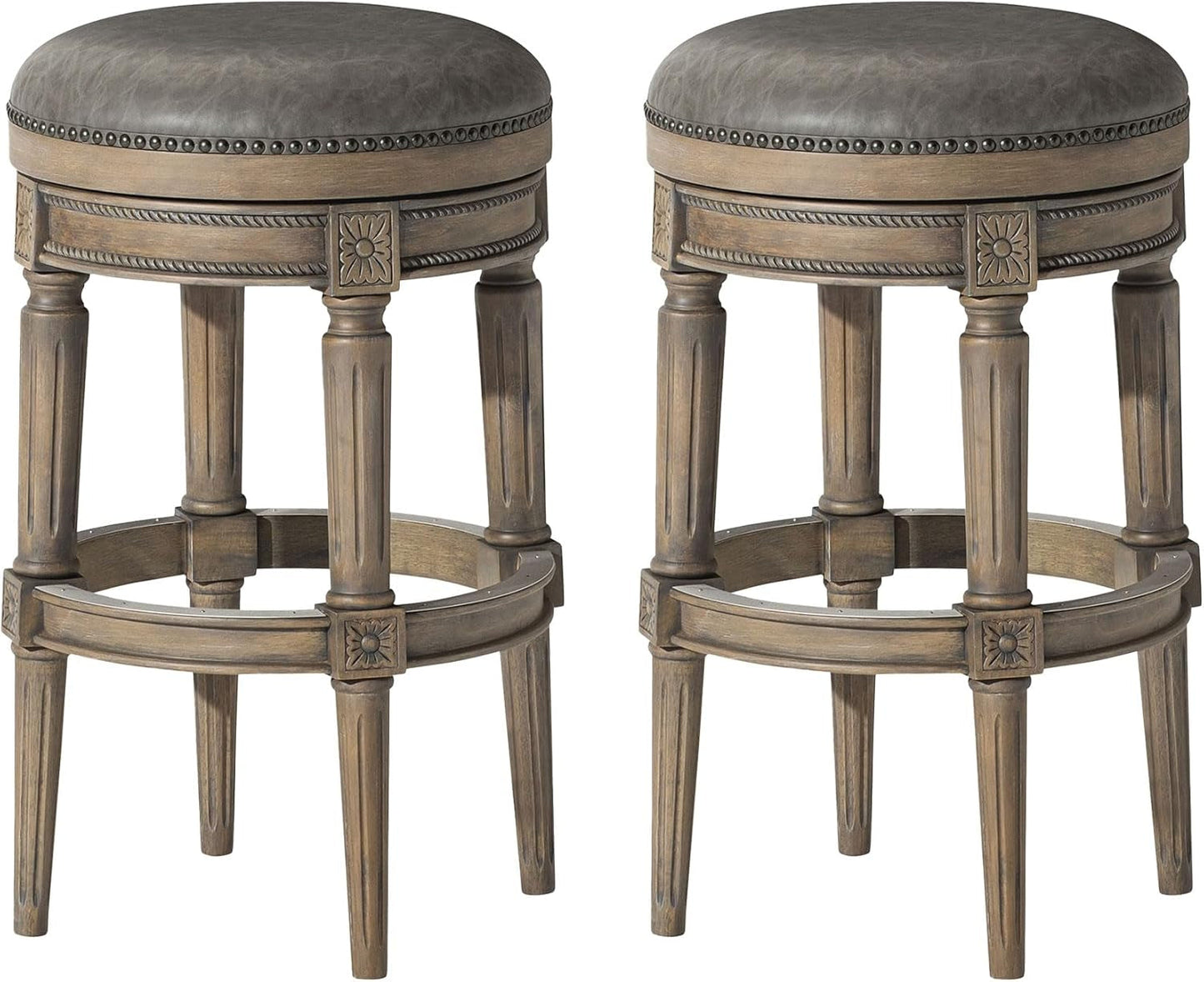 Pullman 31 Inch Tall Bar Height Upholstered Backless Barstool in Reclaimed Oak Finish with Ronan Stone Vegan Leather Cushion Seat, Set of 2-0