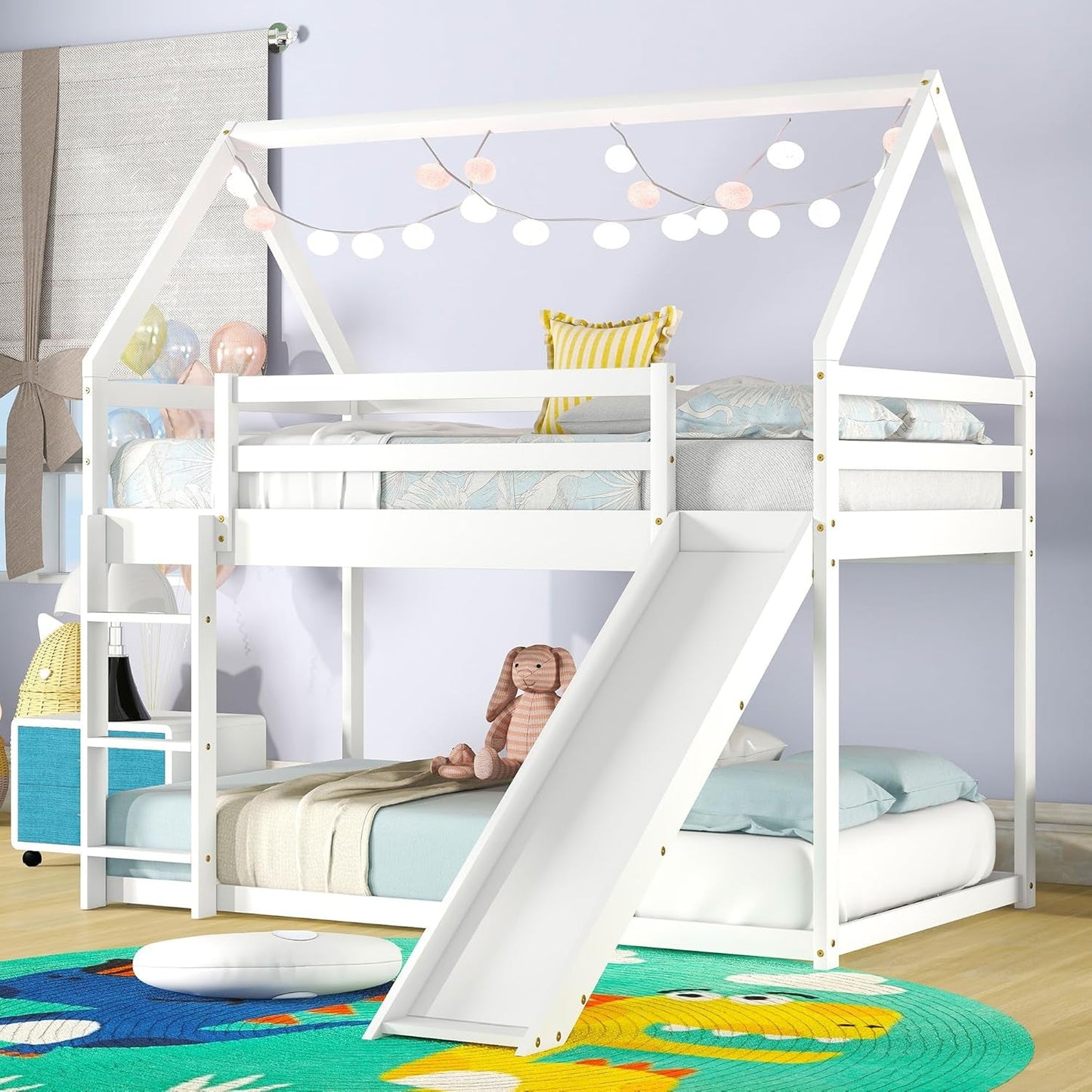 Twin over Twin House Bunk Bed with Slide,Floor Bunk Beds with Ladder for Kids,Solid Wood Twin Size Low Bunk Bed for Girls Boys-3