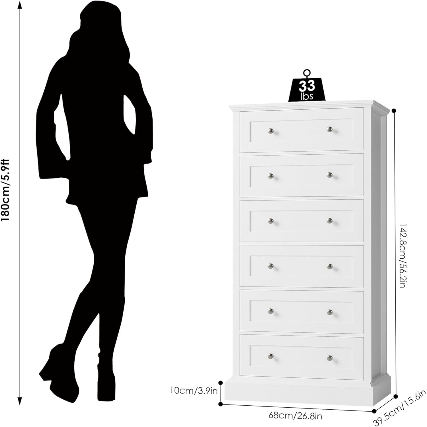 White 6-Drawer Dresser with Metal Handles-2