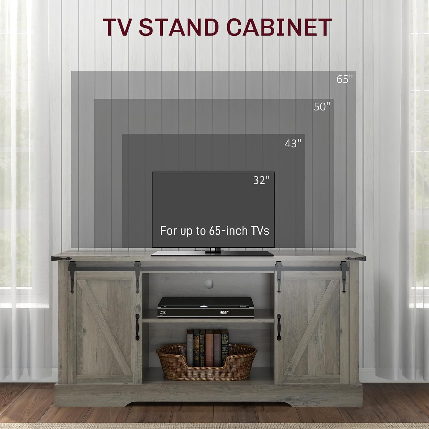 TV Stand Cabinet for Tvs up to 65 Inch, Entertainment Center with Charging Station, 59" Farmhouse Media TV Console Table with Sliding Barn Doors, Adjustable Shelves, Gray-3