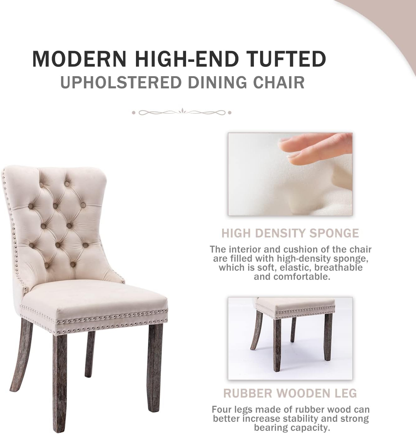 Velvet Upholstered Dining Chairs Set of 4, Wingback Dining Room Chairs with Ring Pull Trim and Button Back, Luxury Tufted Dining Chair for Living Room, Bedroom, Kitchen (Beige)-4