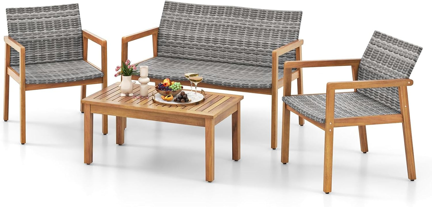 4 Pieces Outdoor Furniture Set, Acacia Wood Frame Sofa Set W/Rattan Seat & Back, Patio Conversation Set W/Coffee Table for Balcony, Poolside, Backyard (Mix Gray)-0
