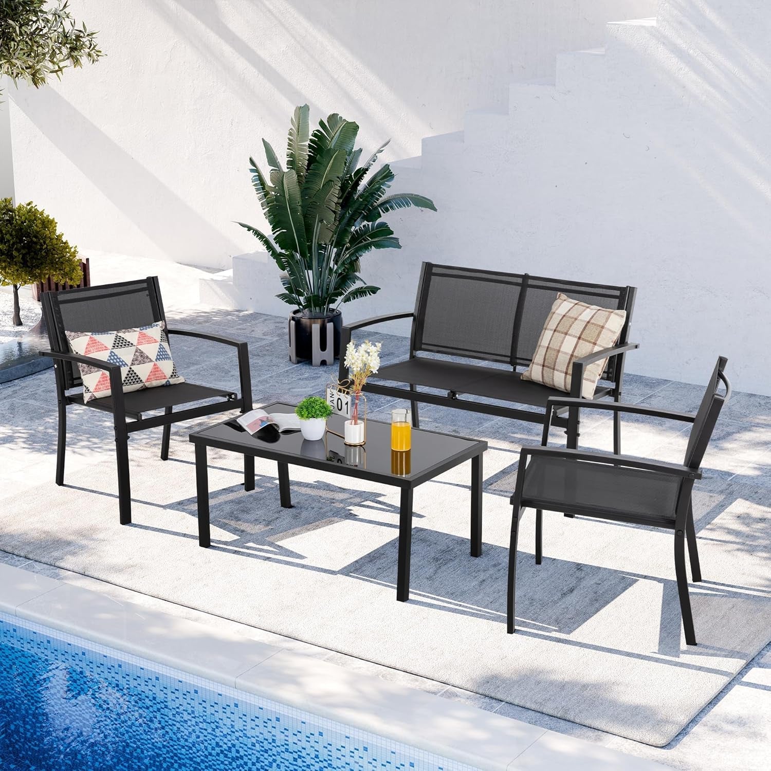 4 Pieces Patio Furniture Set All Weather Textile Fabric Outdoor Conversation Set, with Glass Coffee Table, Loveseat, 2 Single Chairs for Home, Garden, Lawn, Porch（Black）-0