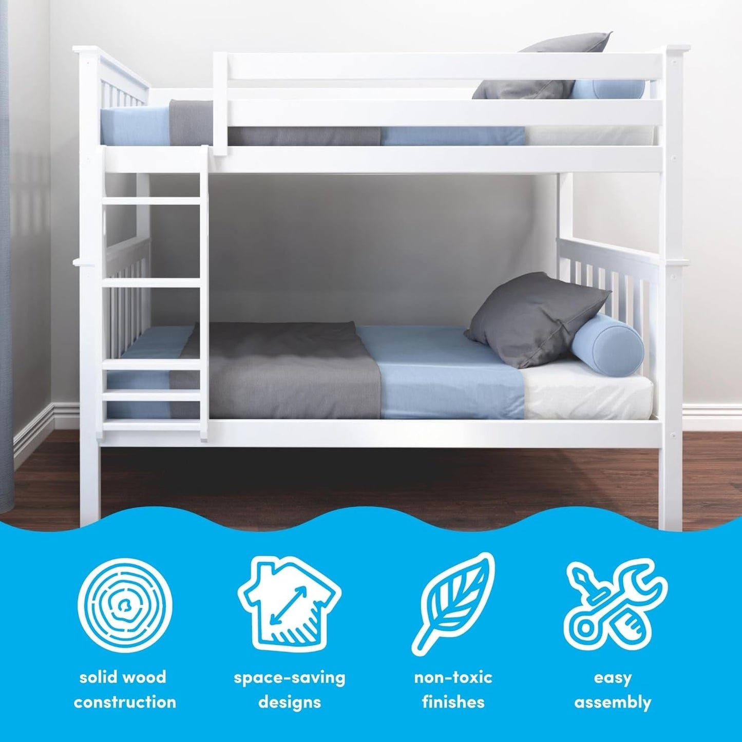 Bunk Bed Twin over Twin, Solid Wood Bunk Bed Frame with Ladder for Kids, 14" Safety Guardrails, Easy Assembly, No Box Spring Needed, White-1