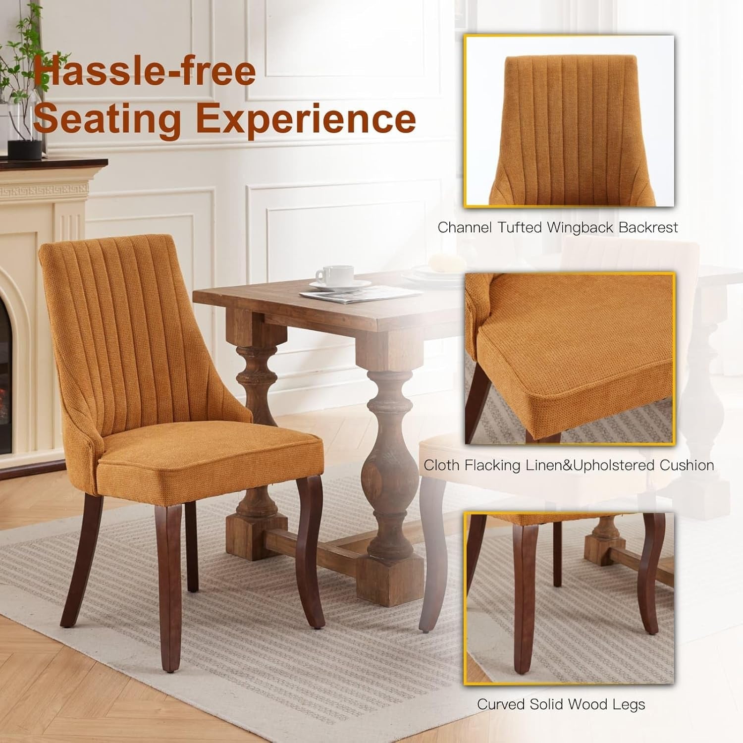 Linen Dining Chairs Set of 4,Comfy Fabric Upholstered Accent Chairs for Kitchen Living Room,Channel Tufted Dining Room Chairs with Curved Solid Wood Legs(Yellow)-4