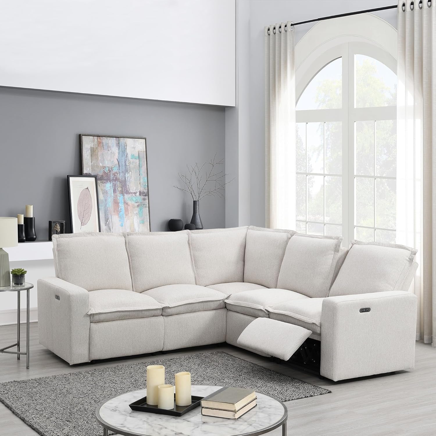 L-Shaped Sectional Sofa 5-Seat Convertible Sofa with Power Recliner Chair and USB Port Linen Fabric Upholstered Couch Modern Large Cloud Couch for Living Room (Beige)-0
