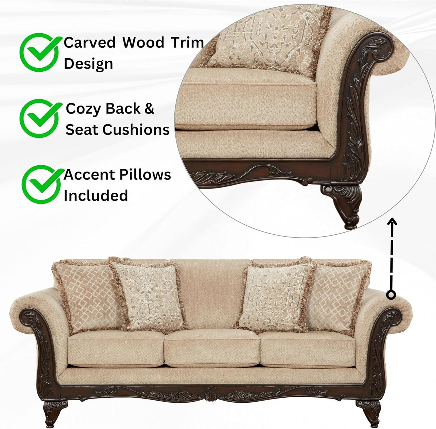 Hernen 2-Piece Living Room Set, Carved Wood Frame Sofa and Loveseat, Beige Wheat-3