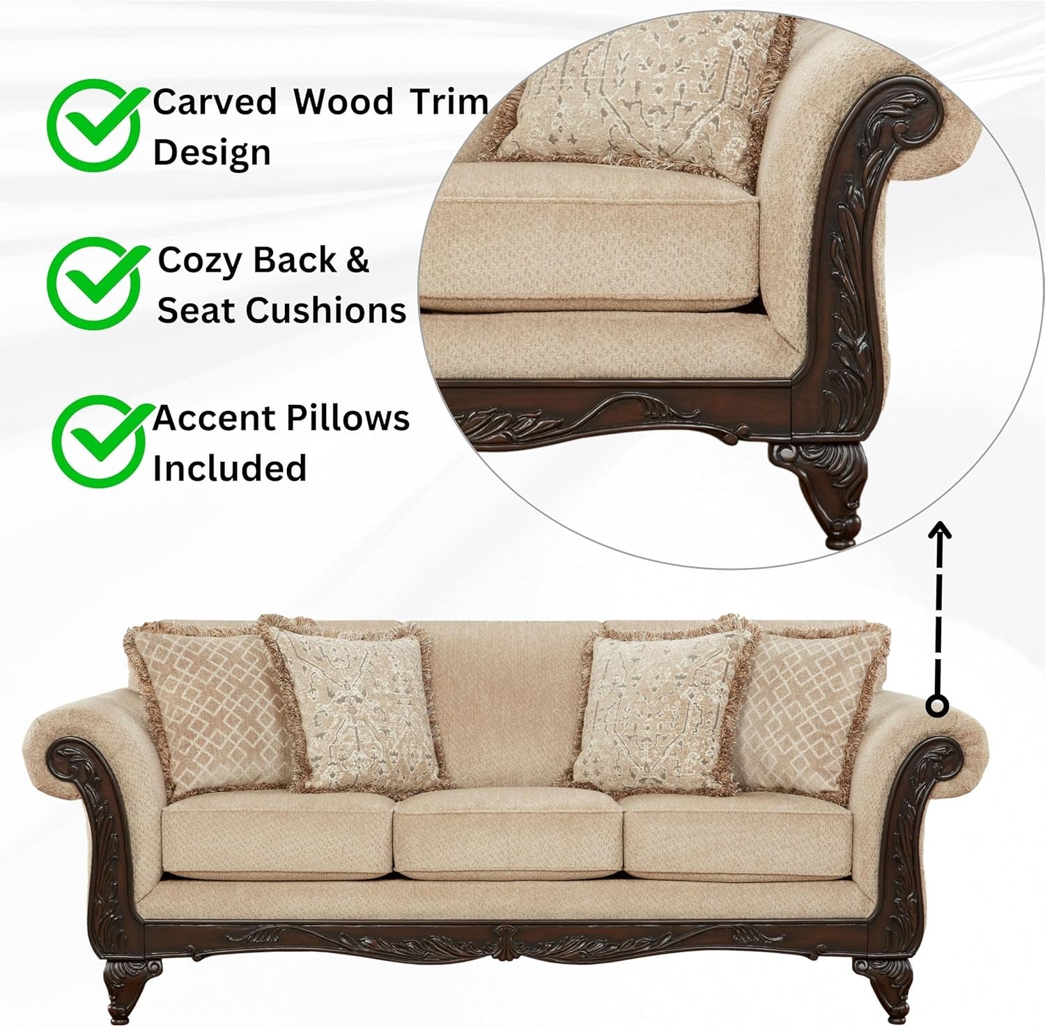 Hernen 2-Piece Living Room Set, Carved Wood Frame Sofa and Loveseat, Beige Wheat-3