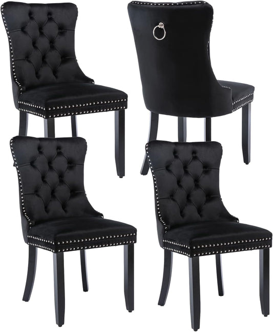 Black Velvet Dining Chairs Set of 4, Upholstered Dining Room Chairs with Back Ring Pull Trim and Solid Wood Legs,Modern Dining Chairs Perfect for Dining Room,Living Room,Kitchen(Black)-0