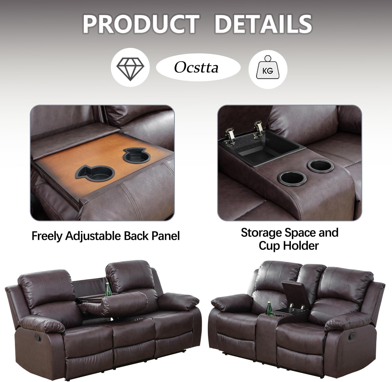 Manual Leather Recliner Sofa Set for Living Room Furniture Set,Leather Recliner Couch Set for Home/Office,Leather Reclining Sofa Set for 3-Pieces(Sofa+Loveseat+Chair) Brown-2