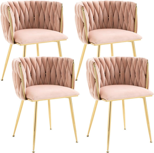 Velvet Dining Chairs Set of 4, Upholstered Dining Room Chairs with Gold Metal Legs, Luxury Tufted Dining Chairs for Living Room, Bedroom, Kitchen (Pink)-0