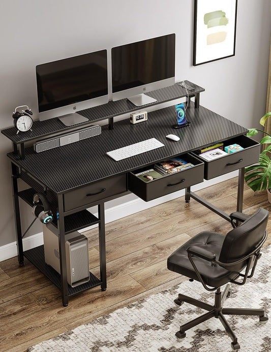 Computer Desk with Power Outlets & LED Light, 47 Inch Home Office Desk with 3 Drawers and Storage Shelves, Writing Desk with Monitor Stand, Modern Work Desk for Home Office, Carbon Black-1