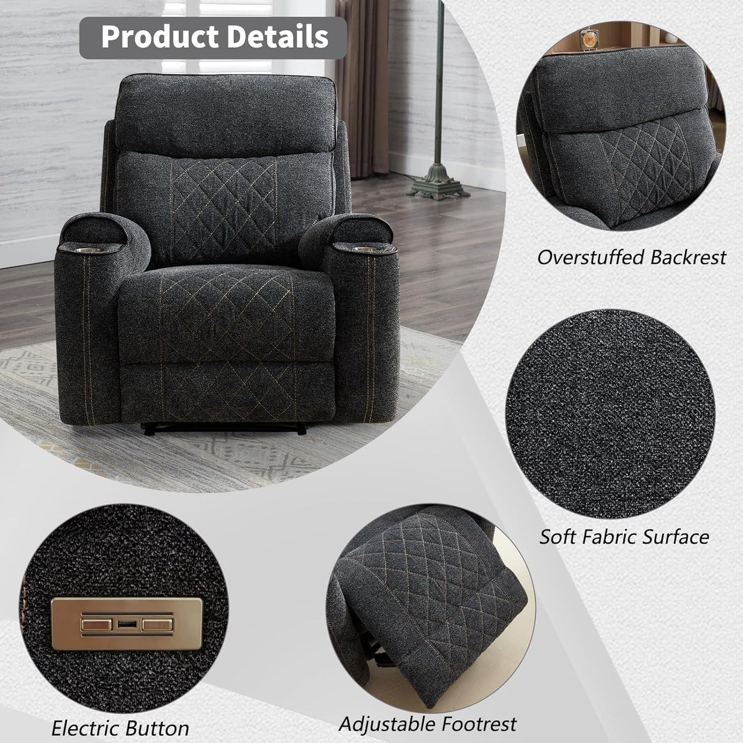 Classic Power Recliner Sofa with Cup Holders and Double Layer Backrest-2