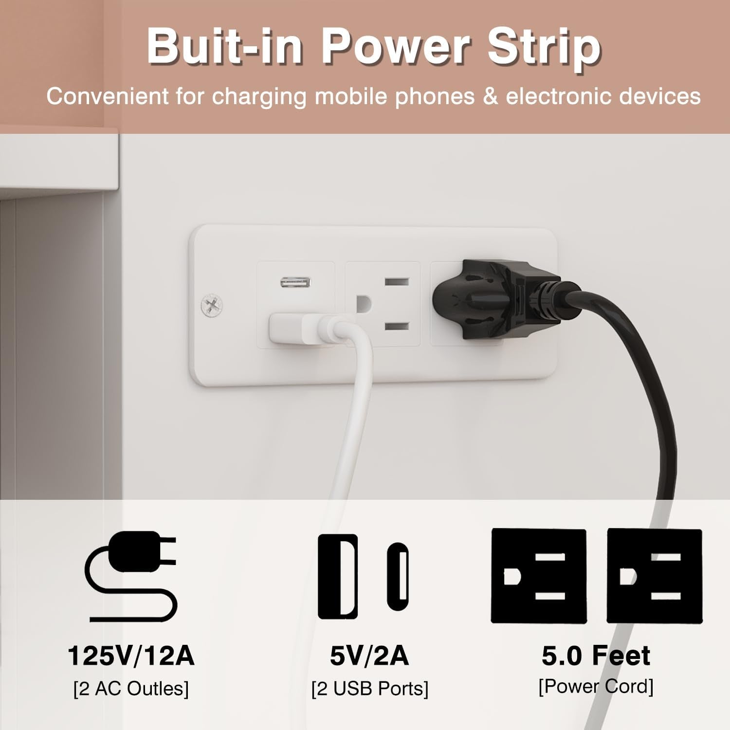 Queen White Foldable Murphy Bed with Power-4