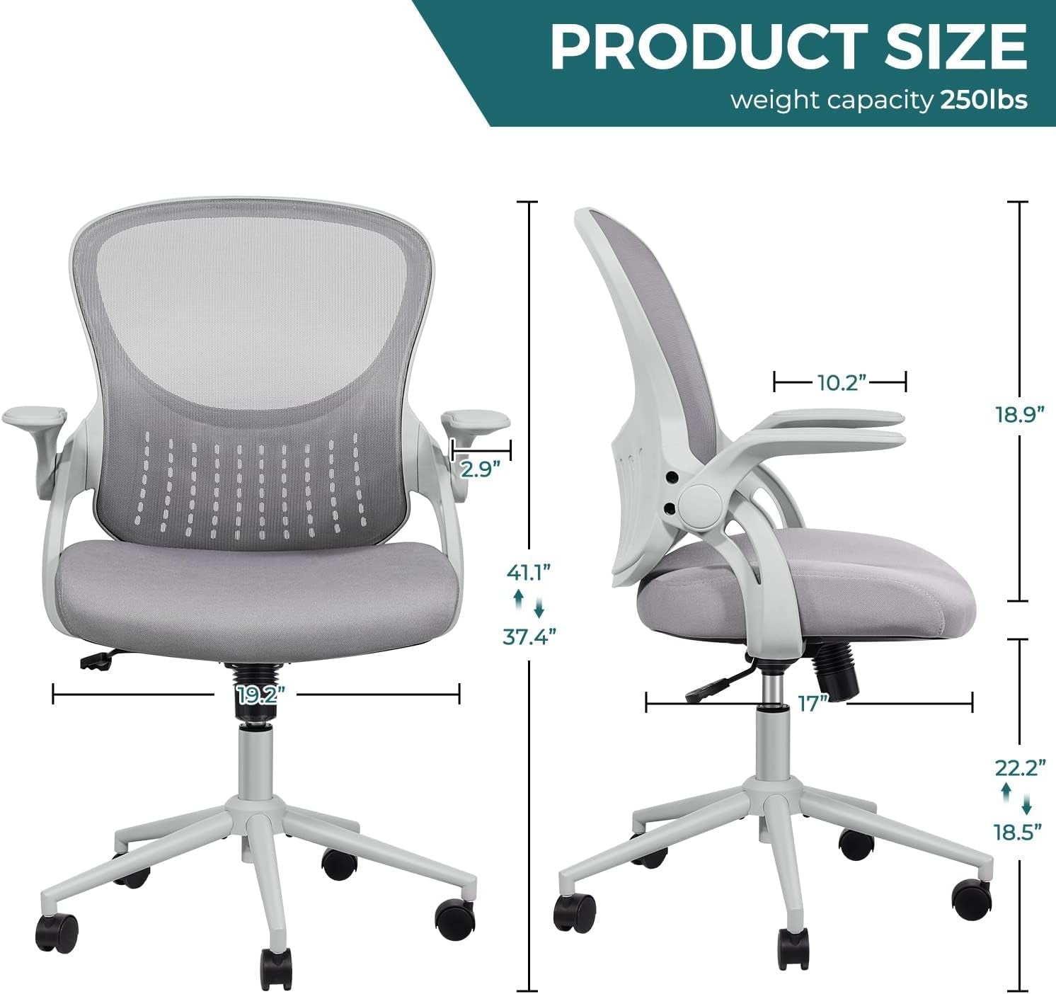 Office Computer Gaming Desk Chair, Ergonomic Mid-Back Mesh Rolling Work Swivel Chairs with Flip-Up Arms, Comfortable Lumbar Support, Comfy Arms for Home, Bedroom, Study, Student, Adults, Grey-2