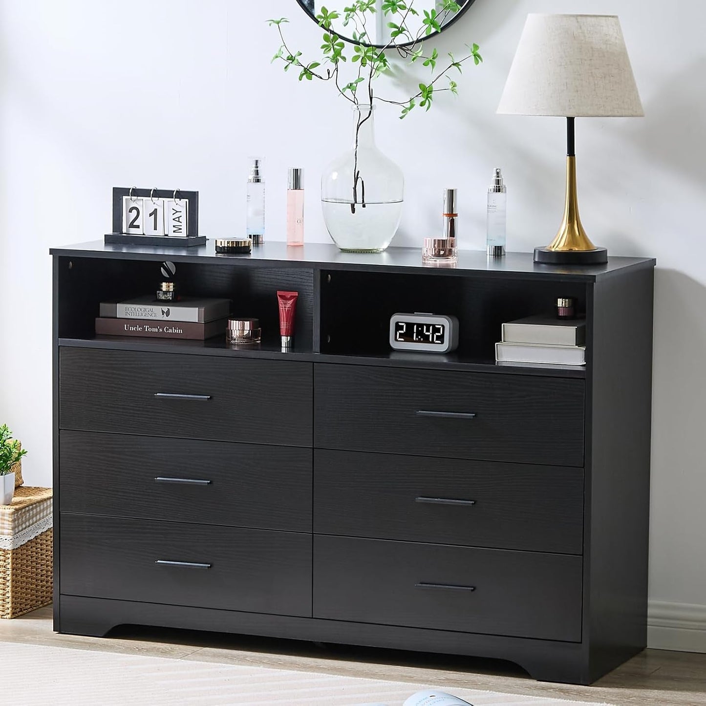 Black Dresser for Bedroom Wooden, 6 Drawer Dressers & Chests of Drawers, Modern Wood Tall Dresser, 48 Inches Wide Chest of Drawers for Bedroom, Hallway, Living Room-0