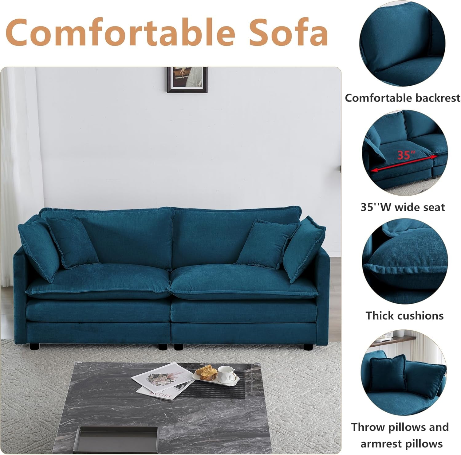 Luxury 2 Piece Loveseat Couch & Sofa Armchair Set, Modern Upholstered Chenille Cloud Couches Set Furniture with 5 Pillow for Living Room Bedroom Office Apartment, Blue-2