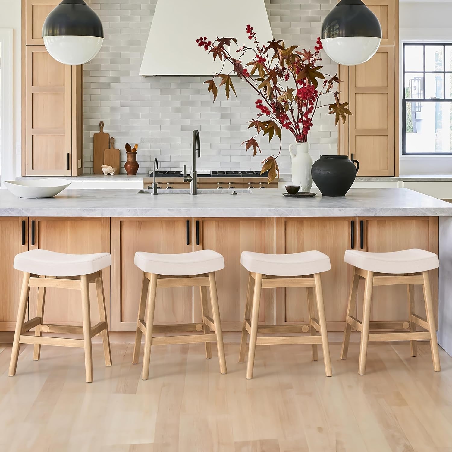 Bar Stools Set of 3, Barstools with Sturdy Wood Legs, Saddle Seat Counter Height Bar Stools for Kitchen Counter, Bar, Dining, 24 Inch Farmhouse Counter Stools, Beige-2