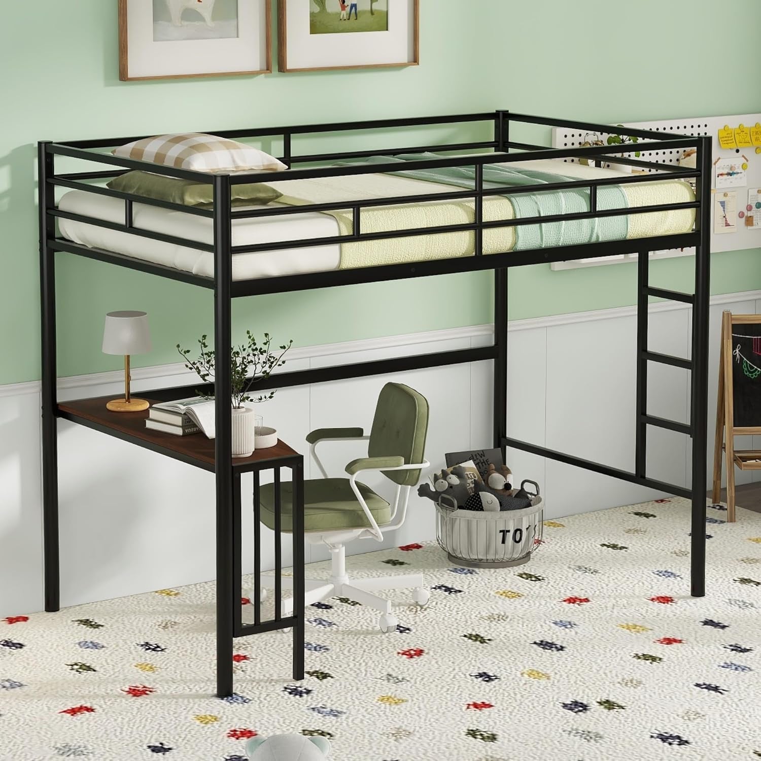 Metal Twin over Full Bunk Bed Frame with Desk, Loft Platform Mattress Foundation with Steel Slat Support Storage Space-3