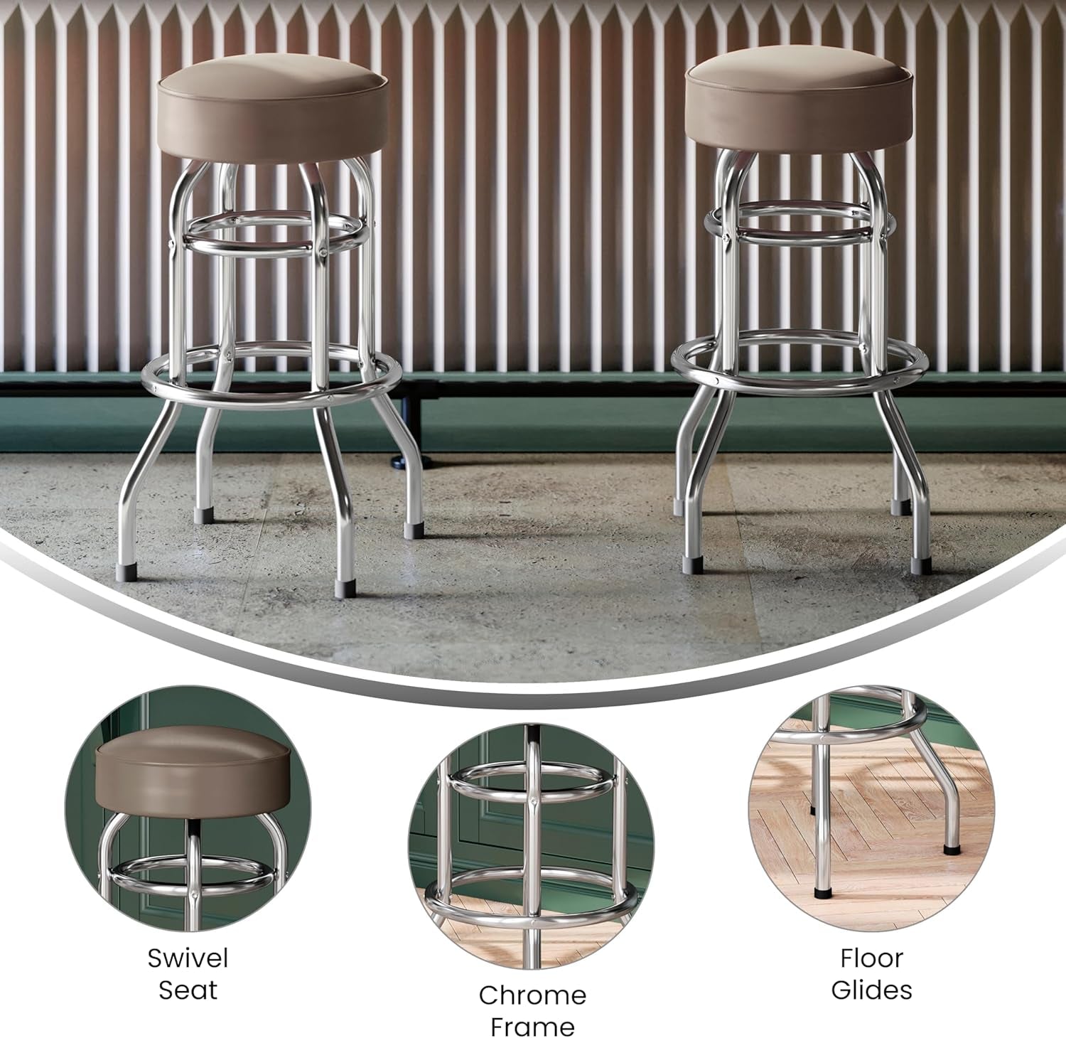 Bruno 2 Pack Double Ring Chrome Barstool with Beige Seat-4