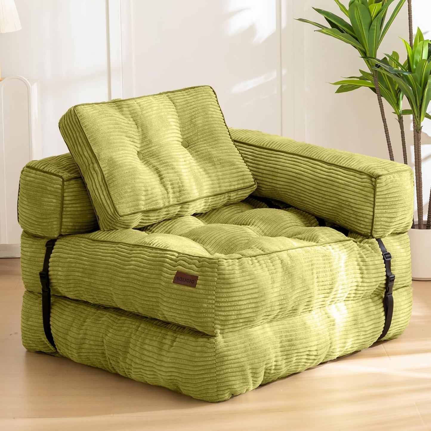 Folding Sofa Bed, L-Shaped Convertible Sofa Bed with Armrest Foldable Sleeper Sofa with Pillow, Portable Fold Out Chair Bed Comfy Floor Sofa Lounge for Living Room Bedroom, Green-0