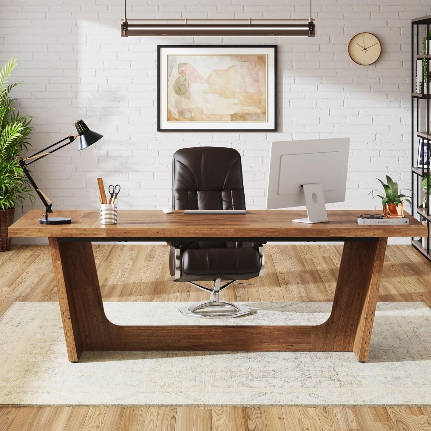 70.87-Inch Executive Computer Desk: Large Home Office Desk with Solid Wooden Pedestal, Industrial Wood Study Writing Table, Workstation Business Furniture, Walnut-2