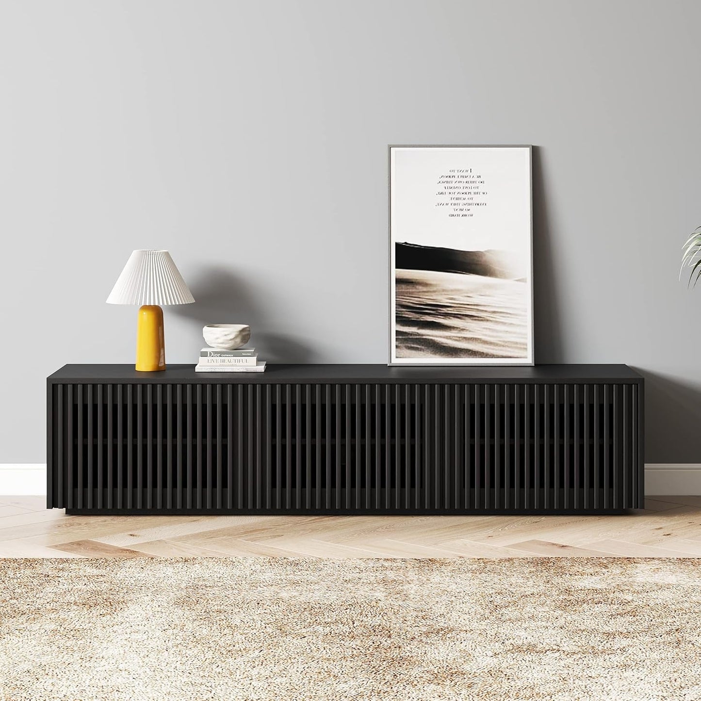 Modern Solid Wood TV Stand, Black Entertainment Center for 65 Inch TV, Full Assembled Media Console with Storage, Farmhouse Low TV Cabinets for Living Room Bedroom, Oak Veneer-1