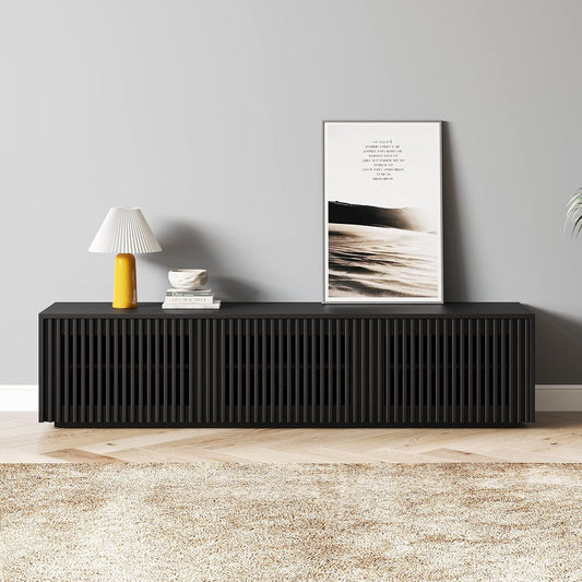 Modern Solid Wood TV Stand, Black Entertainment Center for 65 Inch TV, Full Assembled Media Console with Storage, Farmhouse Low TV Cabinets for Living Room Bedroom, Oak Veneer-1