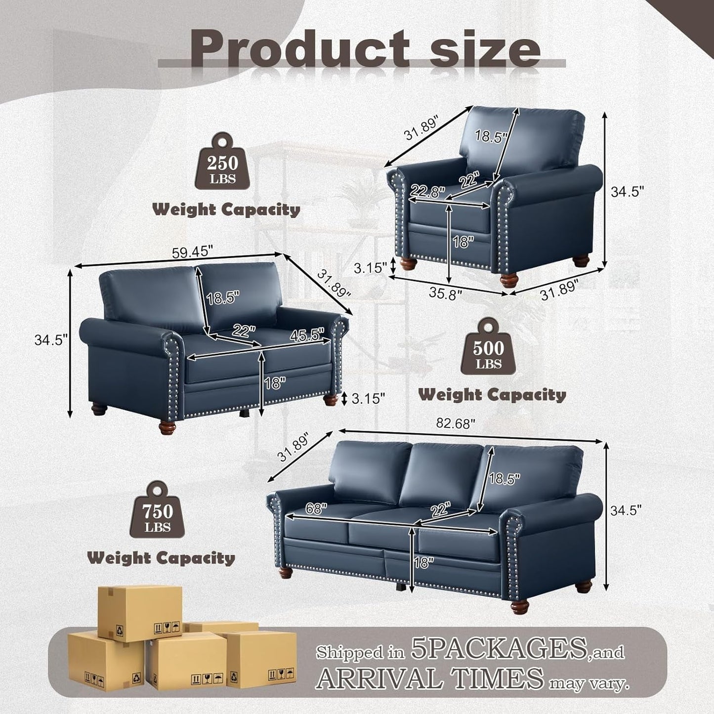 3 Piece Faux Leather Sofa Set,Mid Century Modern Couch and Loveseat Sets with Storage,Comfy Deep Seat Sofa with Nailhead Trim & Rolled Arm for Living Room,Office(Armchair+Loveseat+3 Seater,Navy Blue)-1