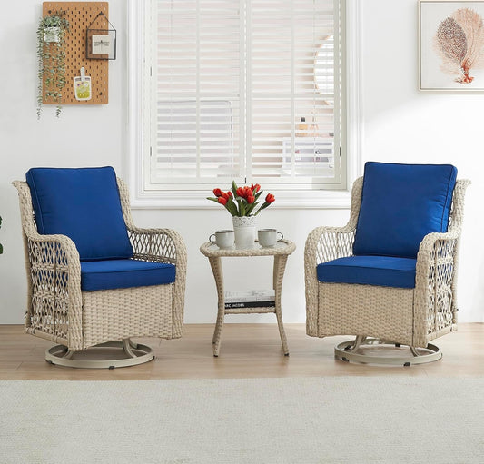 3 Piece Patio Furniture Sets Wicker Swivel Patio Chairs, Swivel Rocking Chairs Set of 2 with Rattan Side Table, 360-Degree Swivel Rocking Chair for Patio Porch Pool (Light Beige), Onesize-0