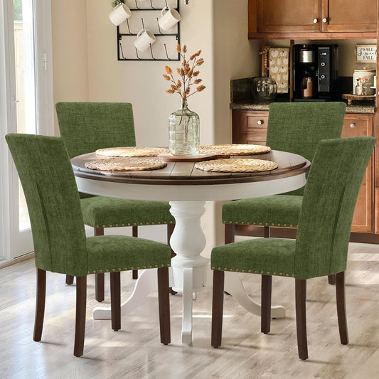 Upholstered Parsons Dining Chairs Set of 4, Fabric Dining Room Kitchen Side Chair with Nailhead Trim and Wood Legs - Green-0
