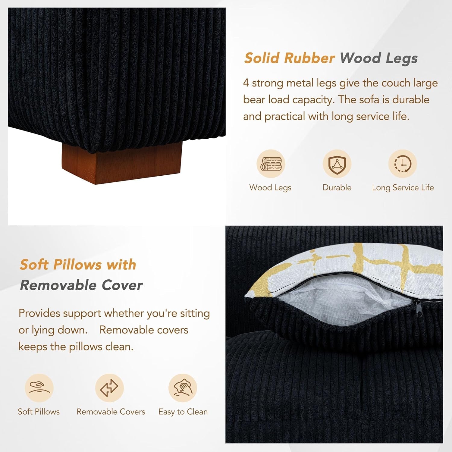 103.9" Living Room Sofa Set, Modern Couch Corduroy Fabric Comfy Sofa with Rubber Wood Legs, 4 Pillows for Living Room/Bedroom/Office, Black-2