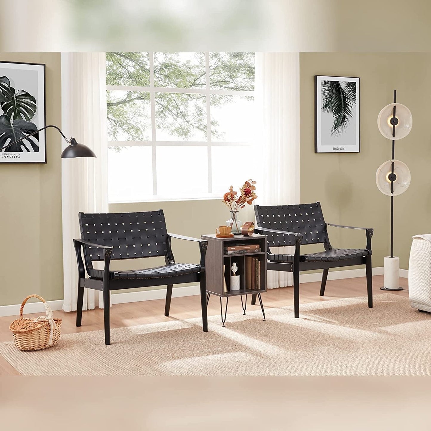 Scandinavian Woven Leather Chair with Boho Accent-3