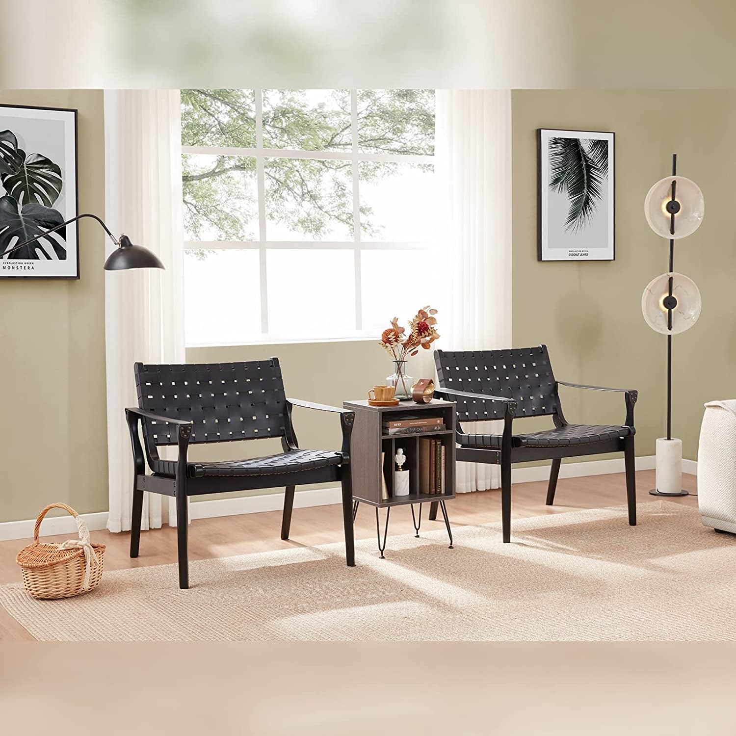 Scandinavian Woven Leather Chair with Boho Accent-3