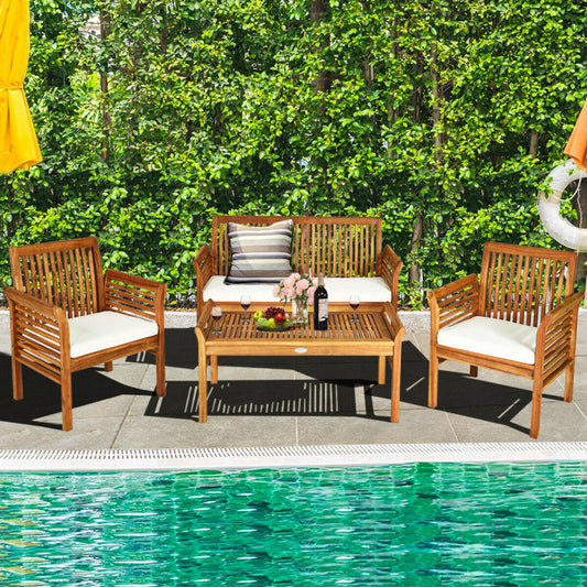 4 Pieces Outdoor Acacia Wood Sofa Furniture Set-0