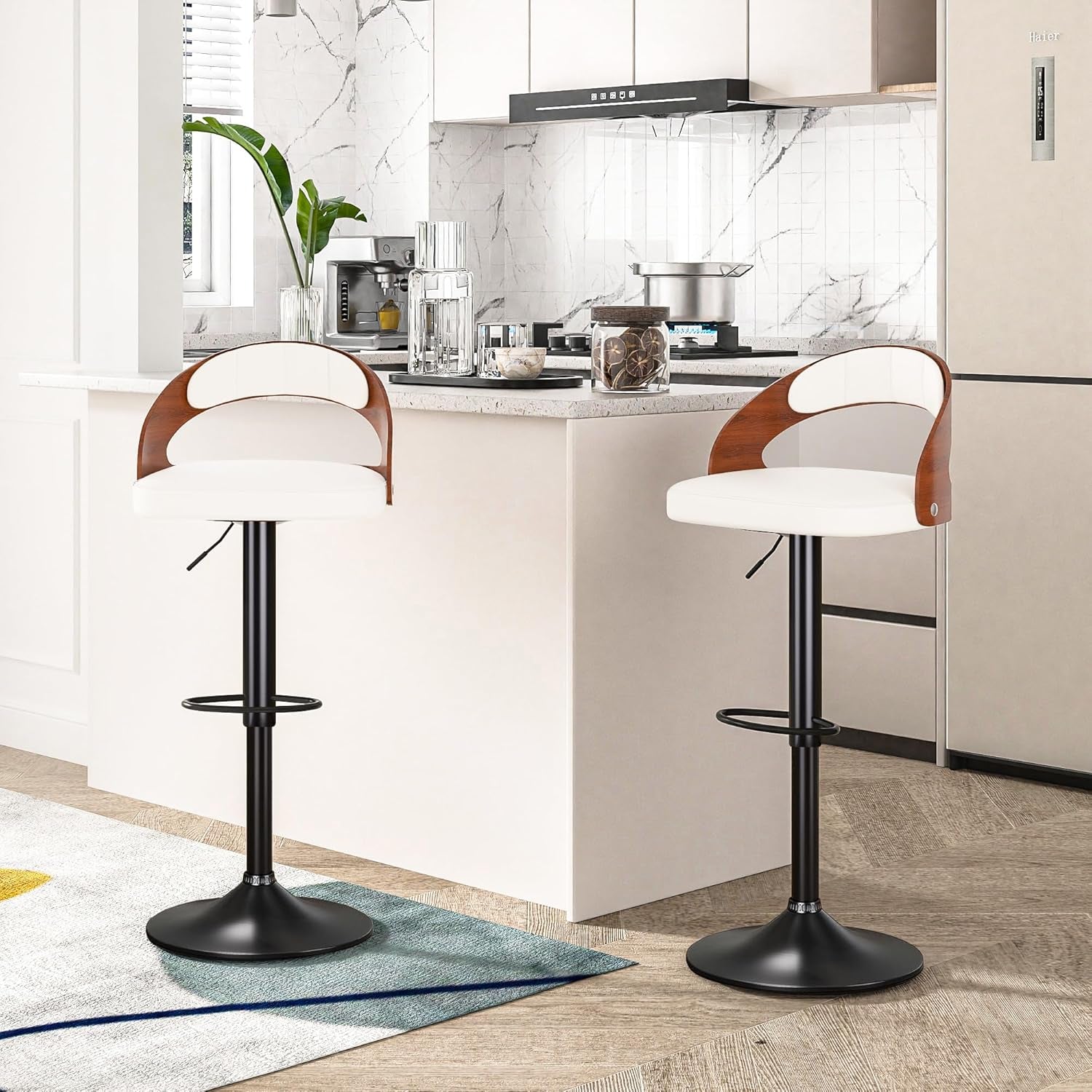 Bar Stool Set of 2, Counter Height Stools with Bentwood Back,Arm&Footrest, PU Leather Cushion Seat Adjustable Height Swivel Barstools for Club Pub,Kitchen Island and Dining Room,Creamy White-2