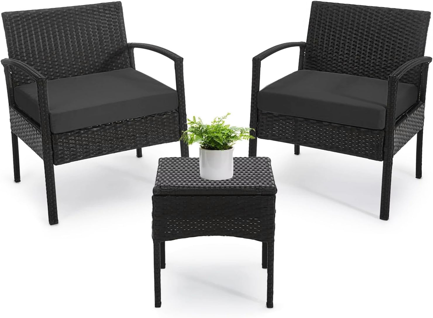 3 PCS Patio Rattan Conversation Chairs Set, Outdoor Patio Furniture Balcony Furniture Set, Wicker Patio Set for Garden Porch Balcony Yard, Black-0