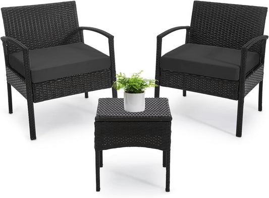 3 PCS Patio Rattan Conversation Chairs Set, Outdoor Patio Furniture Balcony Furniture Set, Wicker Patio Set for Garden Porch Balcony Yard, Black-0