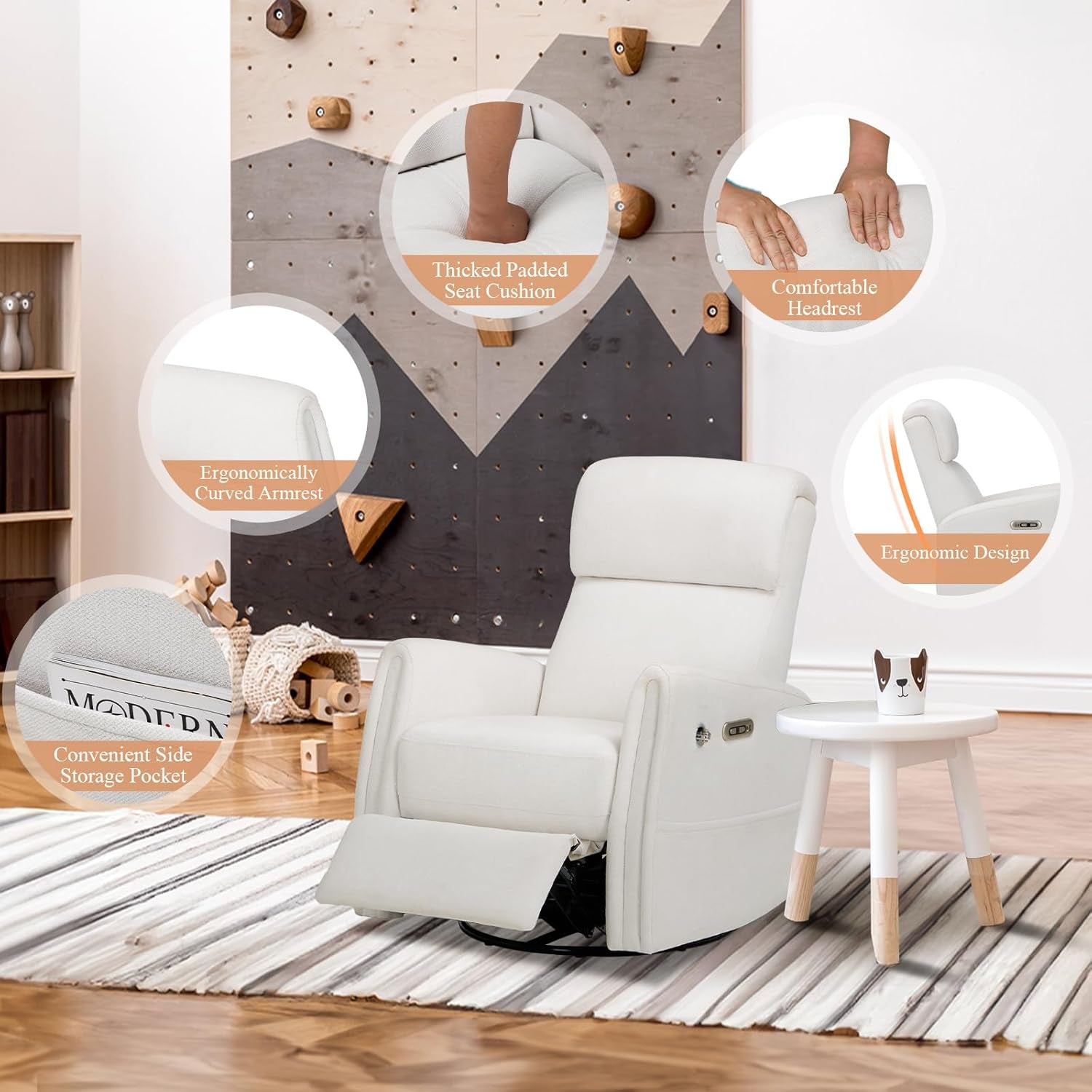 Power Recliner Chairs Swivel Glider Rocker for Nursery, Upholstered Fabric Living Room Rocking Reclining Single Sofa Chair with 2 Device Holders, White, Set of 2-3