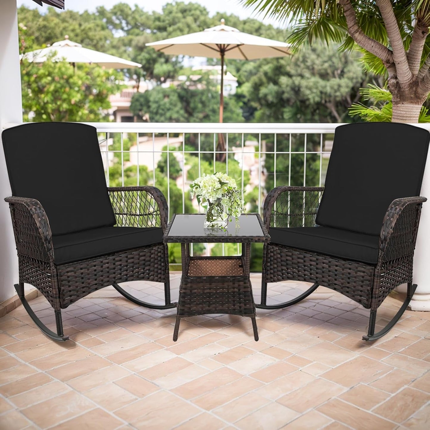 3 Pcs Rocking Bistro Set Conversation Chairs PE Wicker Outdoor Rocking Chairs(Rocking Set,Black)-0