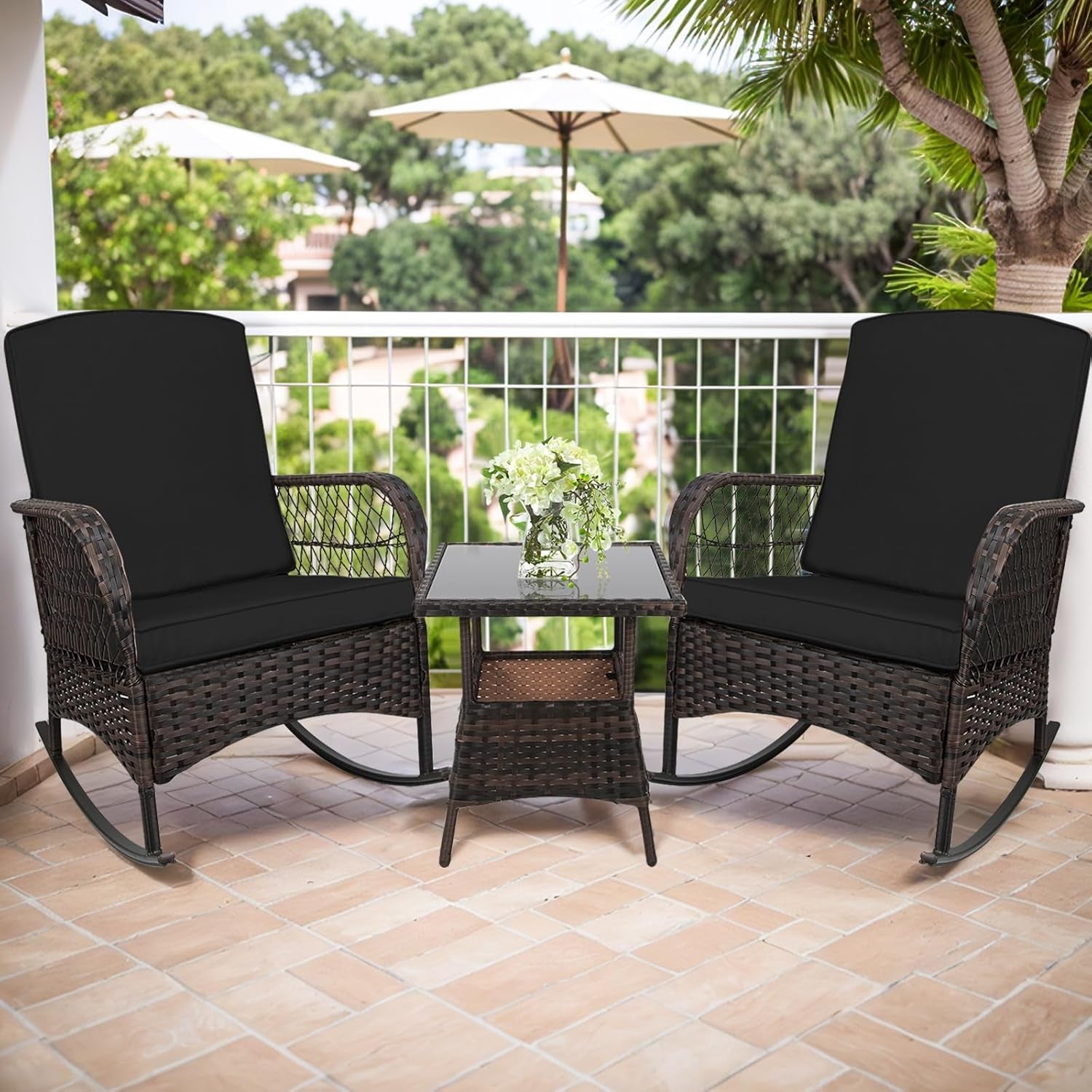 3 Pcs Rocking Bistro Set Conversation Chairs PE Wicker Outdoor Rocking Chairs(Rocking Set,Black)-0
